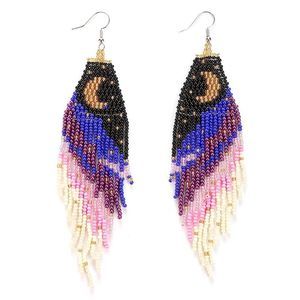 Long Silver & Multicolored Moon Boho Beaded Tassel Dangling Drop Hook Earrings